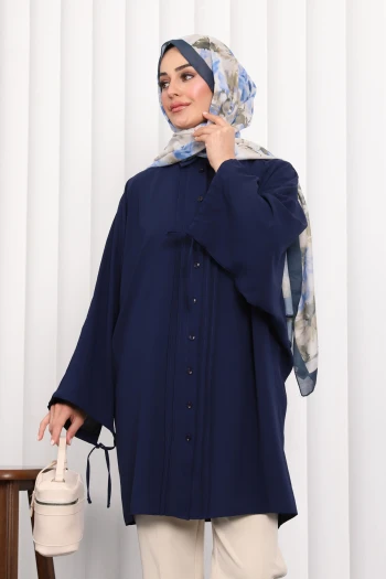 Lacivert Yarasa Kol Linda Tunik