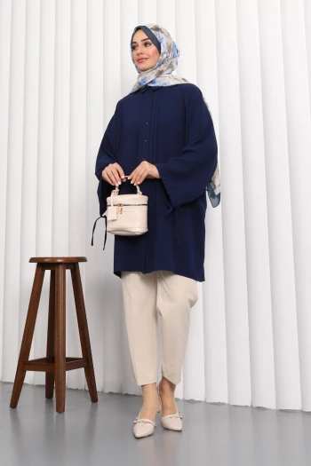 Lacivert Yarasa Kol Linda Tunik