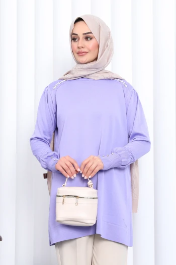 Lila Omuz Taşlı Soguk İplik Triko Tunik