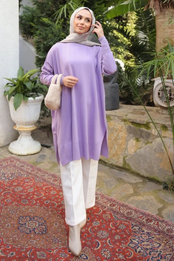 Lila Salaş Kalıp Uzun Boy Triko Tunik