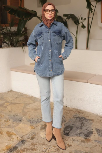 Mavi Cepli Lazer Kesim Kot Ceket