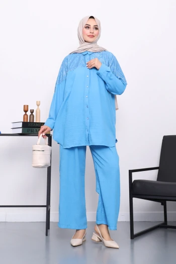 Mavi Dantel Detaylı Boncuklu Tunik Pantolonlu Takım