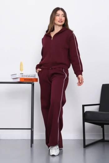 Mürdüm Kapüşonlu Üç İplik Sweat Hırka Pantolonlu Takım