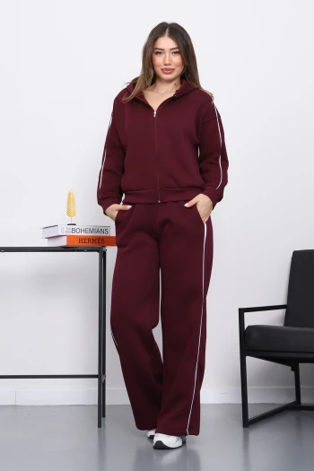 Mürdüm Kapüşonlu Üç İplik Sweat Hırka Pantolonlu Takım