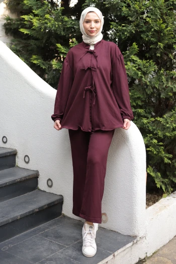 Mürdüm Ön Bağlamalı Bürümcük Kimono Pantolonlu Takım