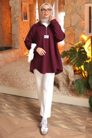 Mürdüm Yarım Fermuarlı Armalı Dikiş Detaylı Modal Tunik