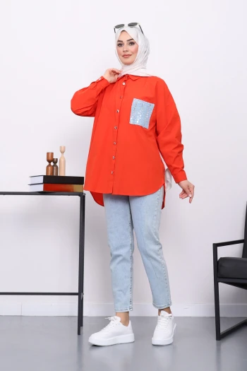 Nar Çiçeği Cebi Pul İşlemeli Oversize Gömlek