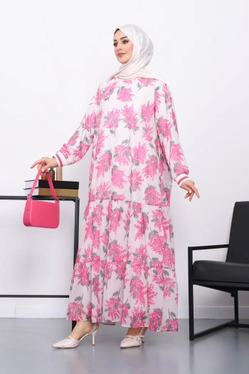 Pembe Desenli Şifon Elbise