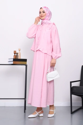 Pembe Fırfırlı Gömlek Etekli Takım