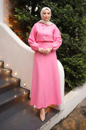 Pembe Önü Fiyonklu Krep Bluz Etekli Takım