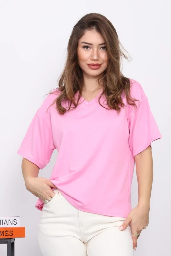 Pembe V Yaka Kısa Kol T-Shirt