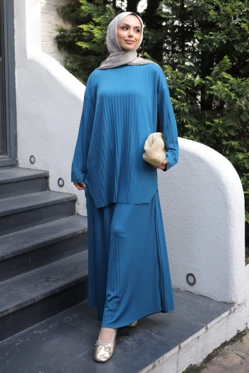 Petrol Yeşili Piliseli Sandy Tunik Pantolon Takım