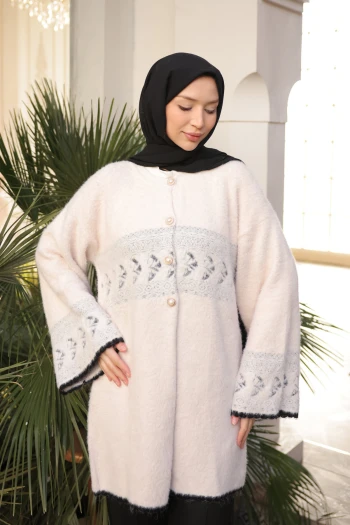 Pudra Desenli Angora Yumoş Triko Hırka