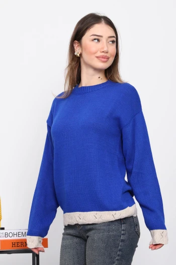 Saks Mavi Bisiklet Yaka Kol Ve Etek Ucu Güpür Detaylı Triko Kazak