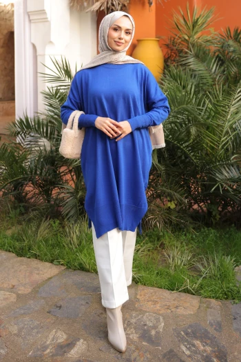 Saks Mavi Salaş Kalıp Uzun Boy Triko Tunik
