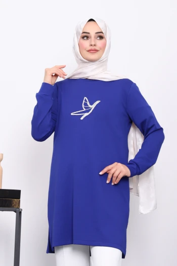 Saks Mavi Taş Baskılı Modal Tunik