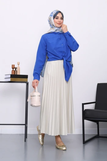 Saks Mavi Tek Cepli Ön Bağlamalı Gömlek