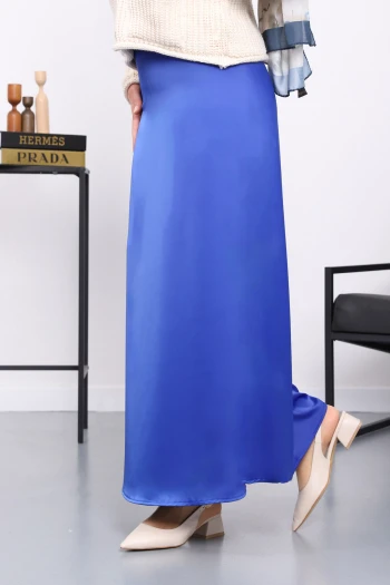 Saks Mavi Yan Fermuarlı Saten Kloş Etek