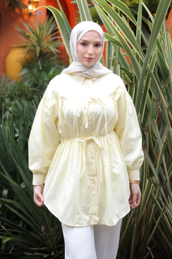 Sarı Bel Lastikli Düğmeli Tunik