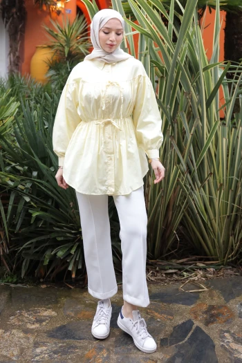 Sarı Bel Lastikli Düğmeli Tunik