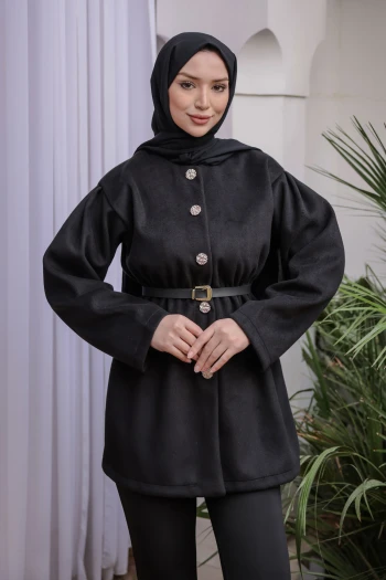 Siyah Bel Lastikli Düğmeli Kaşe Çeket