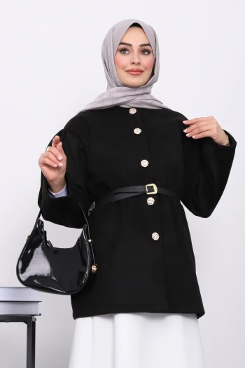 Siyah Bel Lastikli Kemerli Kaşe Çeket