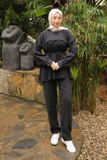 Siyah Beli İpli Tunik Pantolonlu Modal Takım