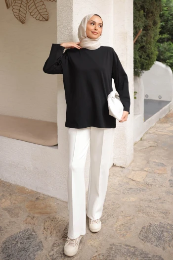 Siyah Bisiklet Yaka Oversize Kol İnce Penye Sweat