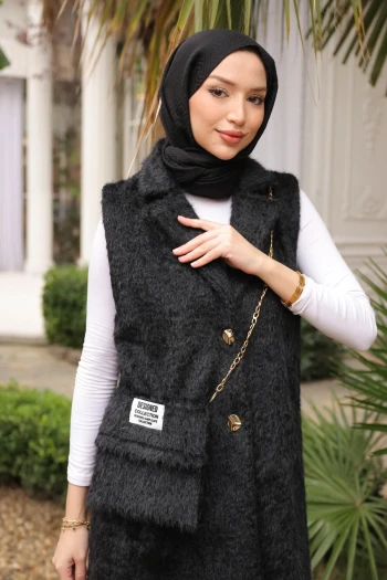 Siyah Çanta Hadiyeli Angora Pelüş Kürk Yelek