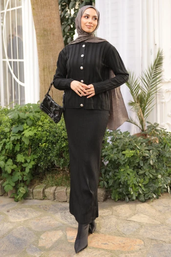 Siyah Crop Hırka Triko Elbise İkili Kombin