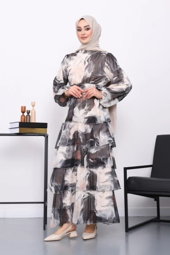 Siyah Desenli Katlı Şifon Elbise