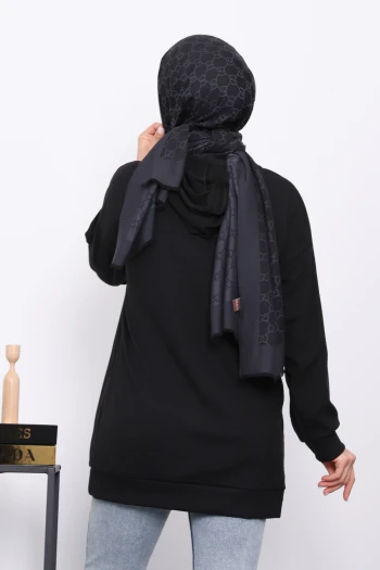 Siyah Kadın Modest Kapüşonlu Cepli Salaş Fitilli Bürümcük Tesettür Tunik