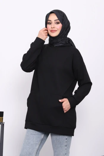 Siyah Kadın Modest Kapüşonlu Cepli Salaş Fitilli Bürümcük Tesettür Tunik