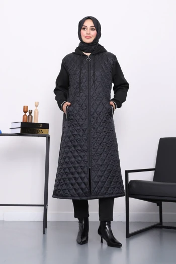 Siyah Kapitone Kapşonlu Kap