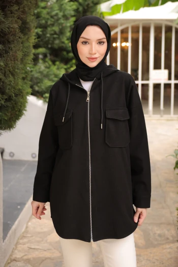 Siyah Kapşonlu Fermuarlı Kaşe Ceket