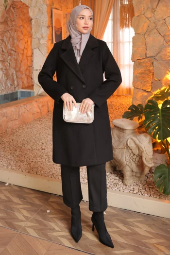 Siyah Kruvaze Yaka Astarlı  Kaşe Kaban