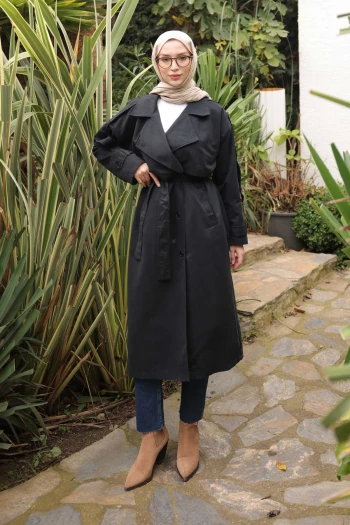 Siyah Kruvaze Yaka Astarlı Trençkot