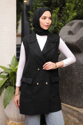 Siyah Kruvaze Yaka Cepli Buklet Yelek