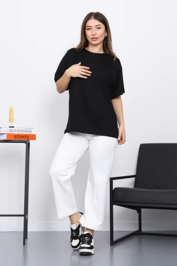 Siyah Nakışlı Kısa Kol Modal T-Shirt