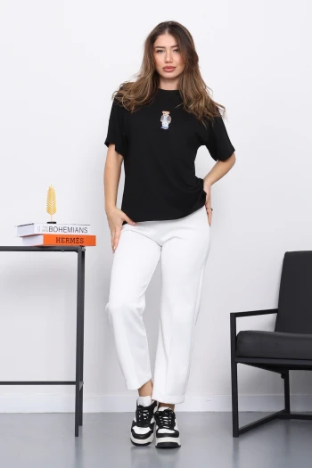 Siyah Nakışlı Modal Kısa Kol  T-Shirt