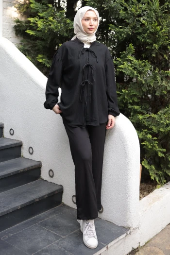 Siyah Ön Bağlamalı Bürümcük Kimono Pantolonlu Takım