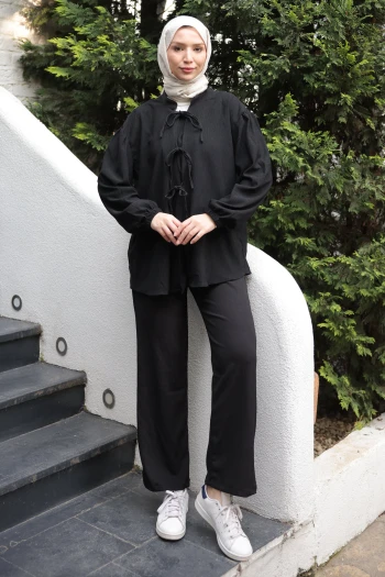 Siyah Ön Bağlamalı Bürümcük Kimono Pantolonlu Takım