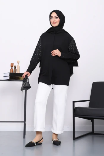 Siyah Kol Taşlı Gömlek