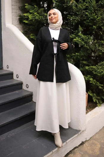 Siyah Önü Bağlamalı Buklet Kimono Ceket
