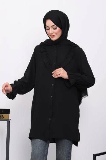 Siyah Önü Fırfırlı Ayrobin Tunik