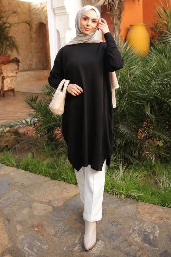 Siyah Salaş Kalıp Uzun Boy Triko Tunik