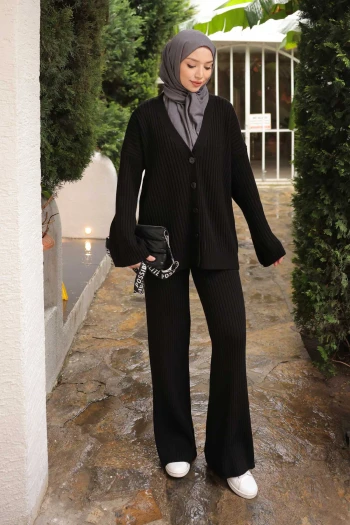 Siyah Selanik Örme Hırka Pantolonlu Triko Takım