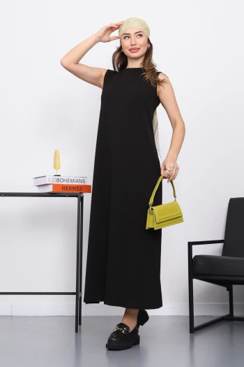 Siyah Sıfır Kol Penye Tesettür İçlik Elbise