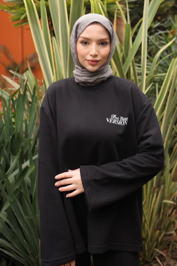 Siyah Sırt Baskı Detaylı İki İplik Sweatshirt