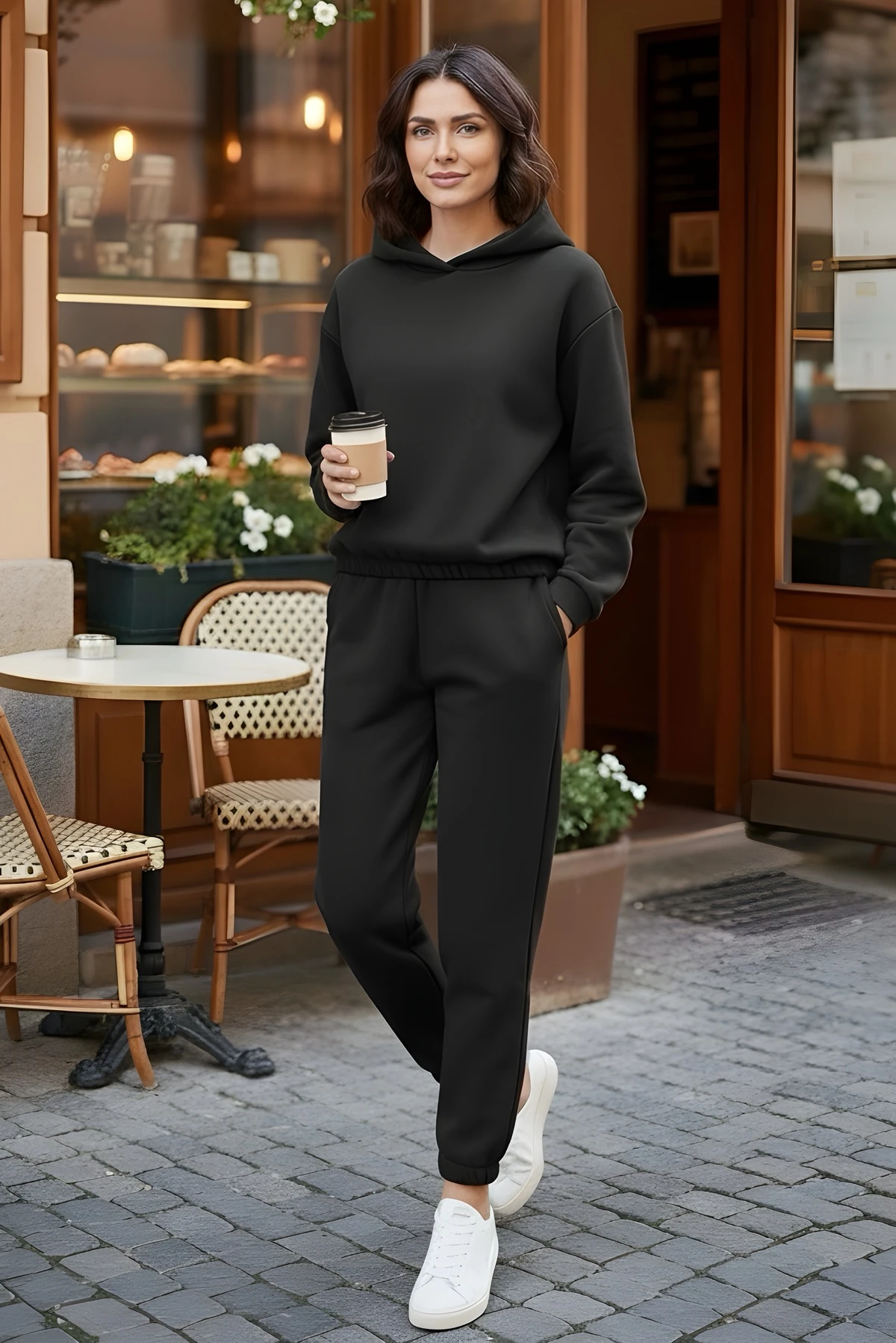 Siyah Üç İplik İçi Şardonlu Kompak Eşofman Takım